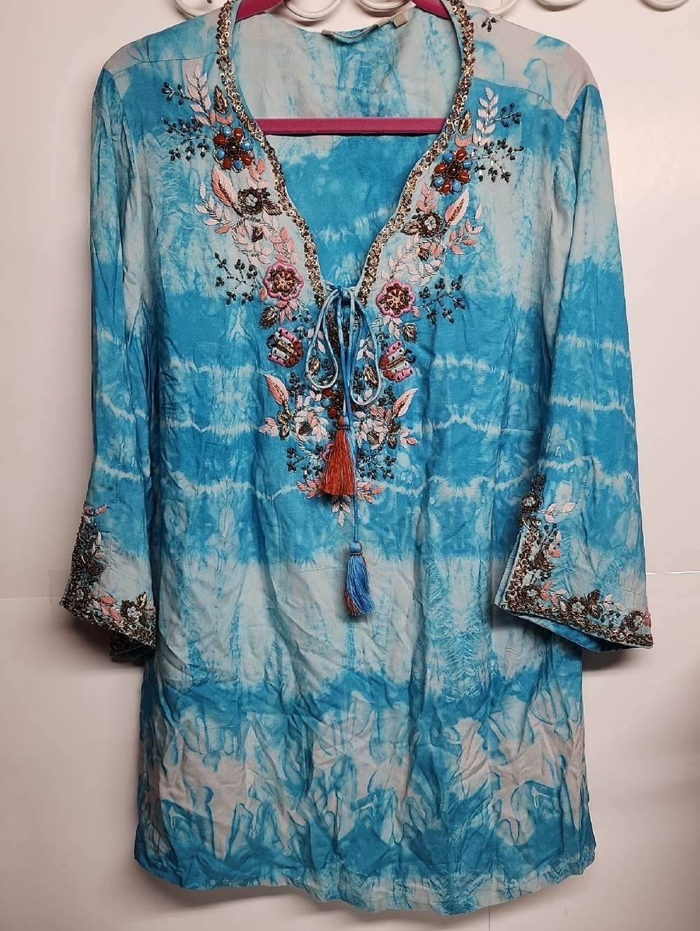 Soft Surroundings Blue Tie-Dye Embroidered Tunic